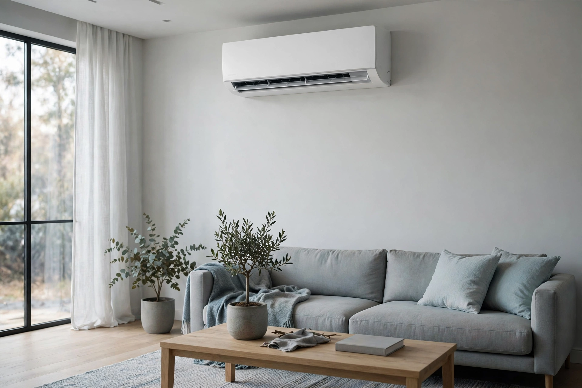 Ductless mini-split unit in a minimalist living room